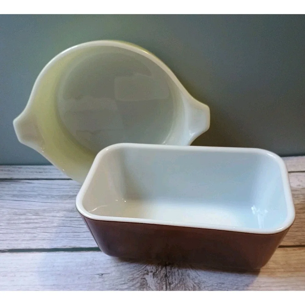 Vintage Pyrex Casserole Refrigerator Dishes Rectangular‎ Brown & Yellow Round